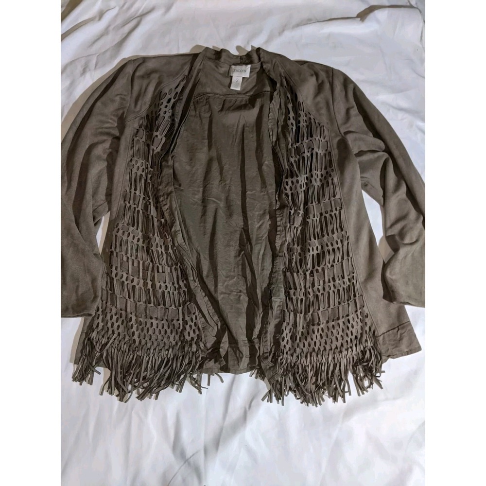 Chico's Faux Suede Fringe Lattice Jacket Taupe Size 2 Large Open‎ Front